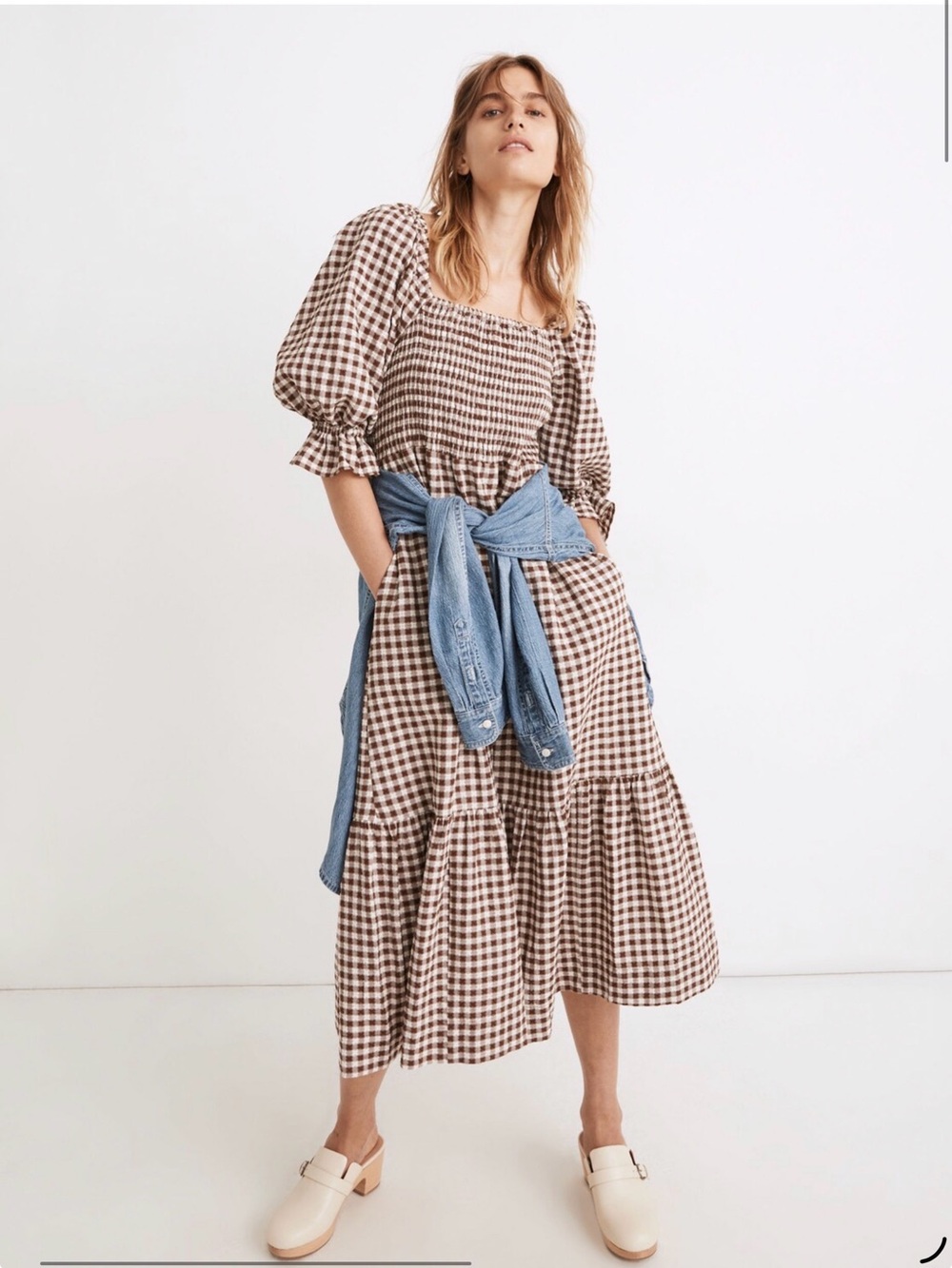 Lucie Elbow-Sleeve Smocked Midi Dress in Gingham